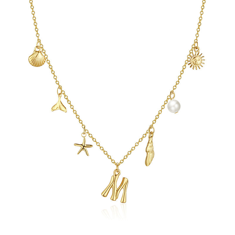 Ocean Vacation Multi-Charm Initial Choker, Starfish Shell Mermaid Tail Sun Pearl Custom Letter Thin Necklace for Women
