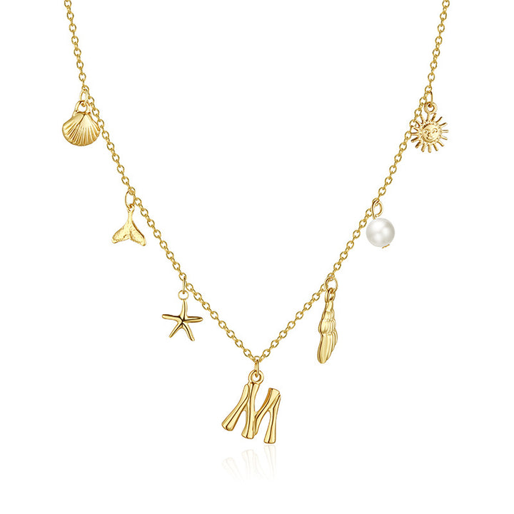 Ocean Vacation Multi-Charm Initial Choker, Starfish Shell Mermaid Tail Sun Pearl Custom Letter Thin Necklace for Women
