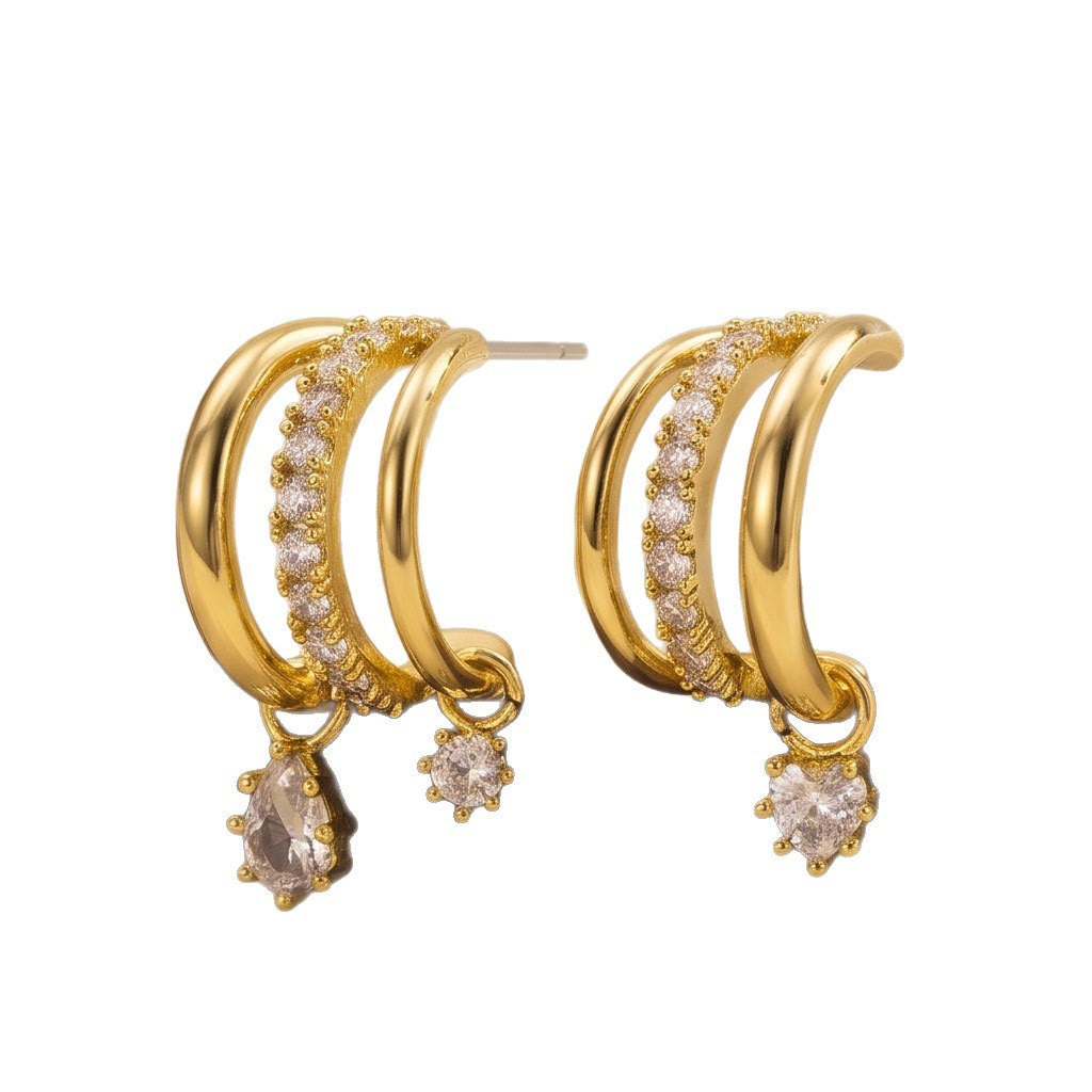 Three Layer C Hoop Earrings with Dual Charms S925 Silver Earrings, Luxury Multi-hoop Heart & Teardrop Diamond Earrings