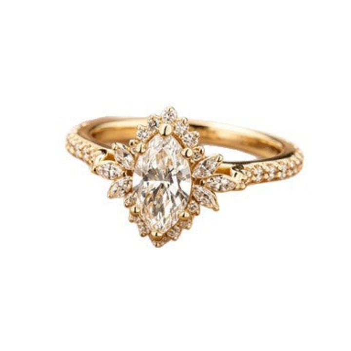Marquise Diamond Sunflower Halo S925 Silver Ring, Vintage Paved Women Engagement Ring