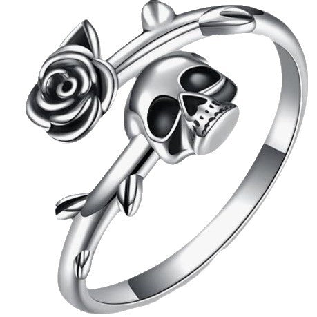 Vintage Skull Rose Open Ring, Gothic Punk Adjustable Unisex Statement Ring for Men & Women