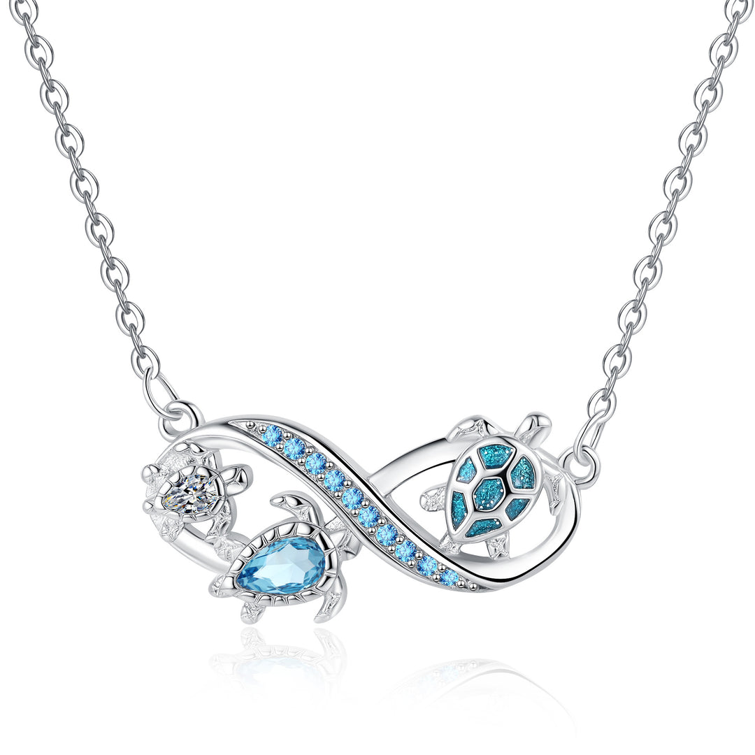 Infinity Three Sea Turtles Blue Diamond Necklace, S925 Sterling Silver Ocean Style Clavicle Jewelry