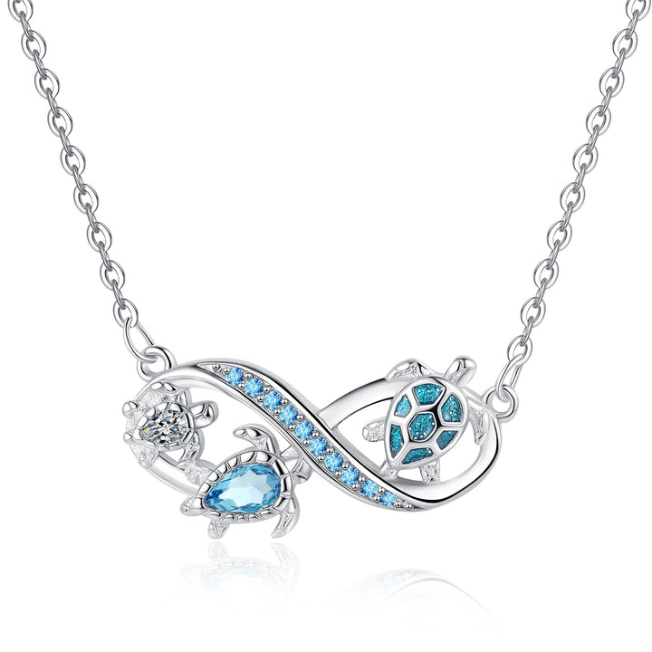Infinity Three Sea Turtles Blue Diamond Necklace, S925 Sterling Silver Ocean Style Clavicle Jewelry