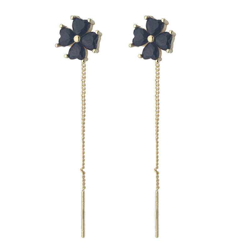 Black Agate Flower Threader Earrings (Vintage Gold Tone Drop Dangles)