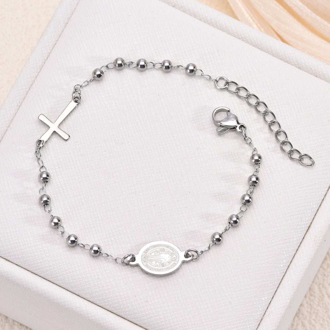 Beaded Chain Cross & Saint Medal Bracelet, Gold & Silver Minimal Religious Jewelry