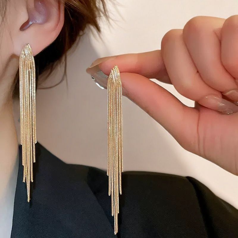 Multi-Layer Gold Tassel Long Earrings, Snake Chain Dangle Slimming Elegant Gold Drop Jewelry