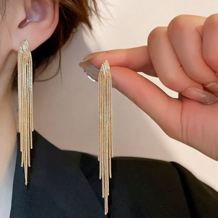 Multi-Layer Gold Tassel Long Earrings, Snake Chain Dangle Slimming Elegant Gold Drop Jewelry
