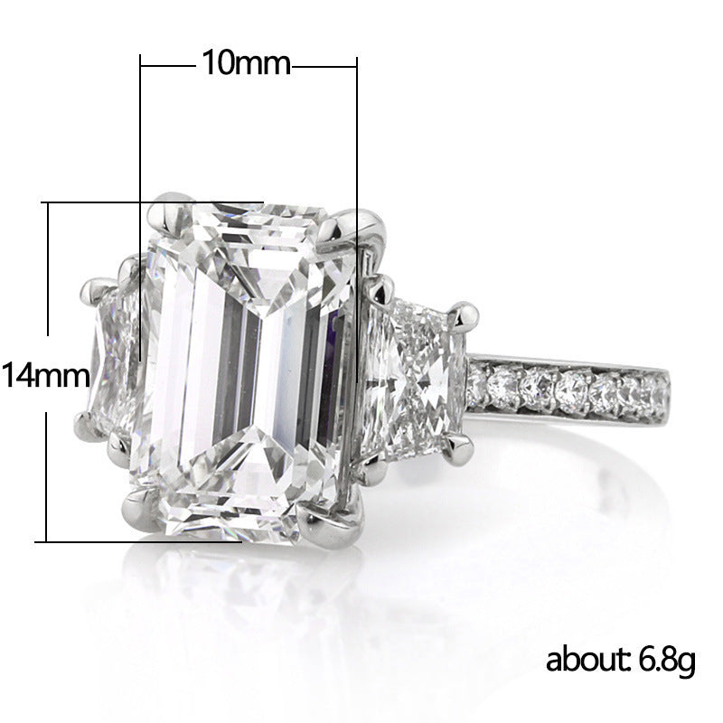 Emerald‑Cut Three‑Stone Diamond S925 Sterling Silver Engagement Ring