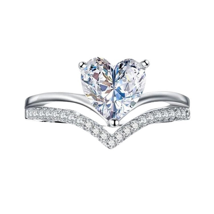 Heart‑Cut Center Stone V‑Shaped Paved Stackable Ring Set, Three‑Color Options