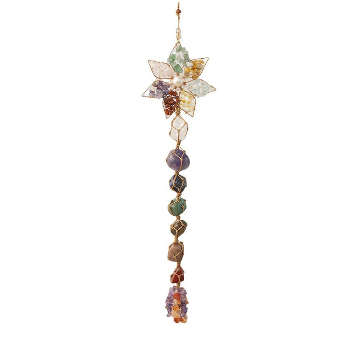 7 Chakra Six-pointed Star Natural Crystal Hanging Ornament, Hand Wire Wrapped Raw Stone Rearview Mirror Pendant Bohemian Home Wall Decor