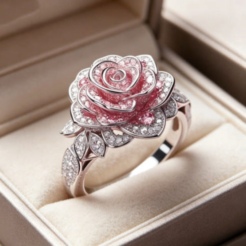 3D Pink‑Rose Pave‑Set Flower Ring