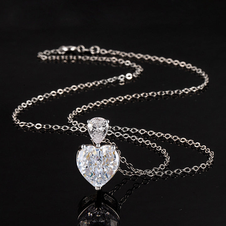 Heart & Pear Shape Double Diamond Pendant Necklace, S925 Silver Heart Diamond Women's Choker