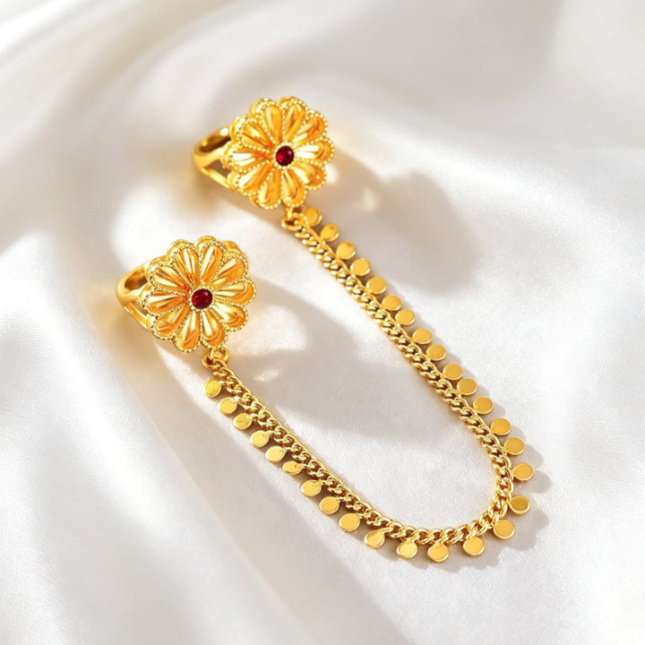 Vintage Embossed Floral Linked Double Ring Chain, Solid S925 Silver Gold-Plated 3 Gemstone Dangling Two-Finger Band