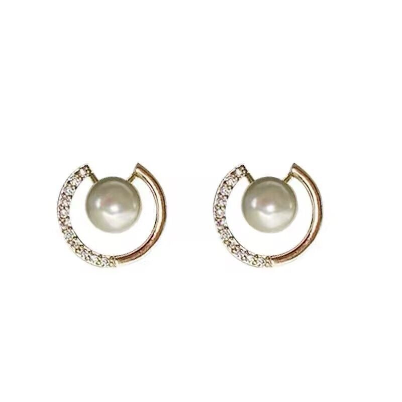 Crescent Paved Diamond Pearl S925 Silver Stud Earrings, Minimalist Luxury C-shaped Pearl Small Earrings