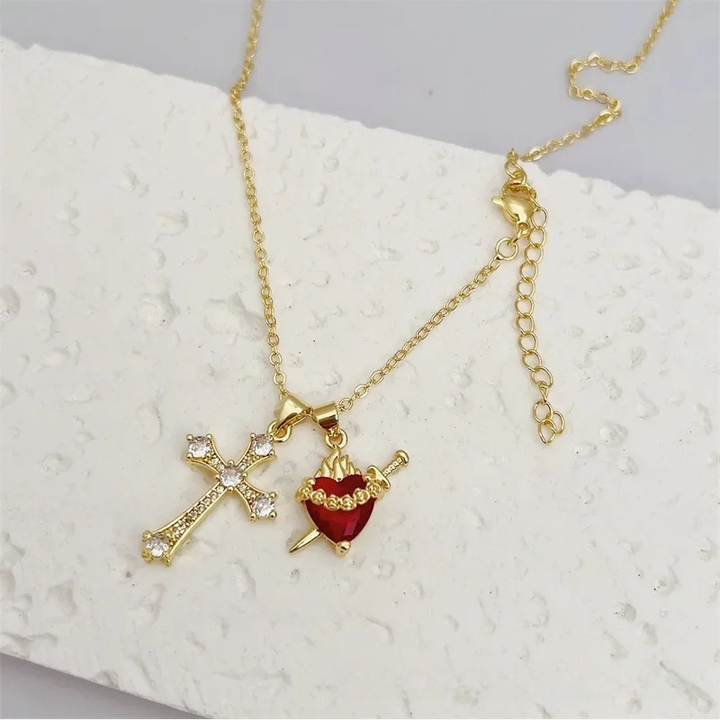 Sweet & Spicy Red Heart Cross Necklace Series (Y2K Grunge Clavicle Chain)