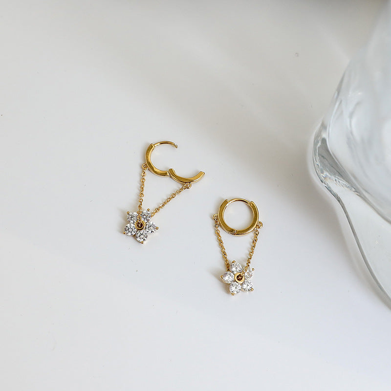 Crystal Flower Chain Huggie Earrings, Dainty 5-Petal Floral Drop Hoops