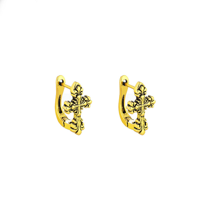 Vintage Carved Cross Hoop Earrings, Antique Retro Cross Ear Cuffs