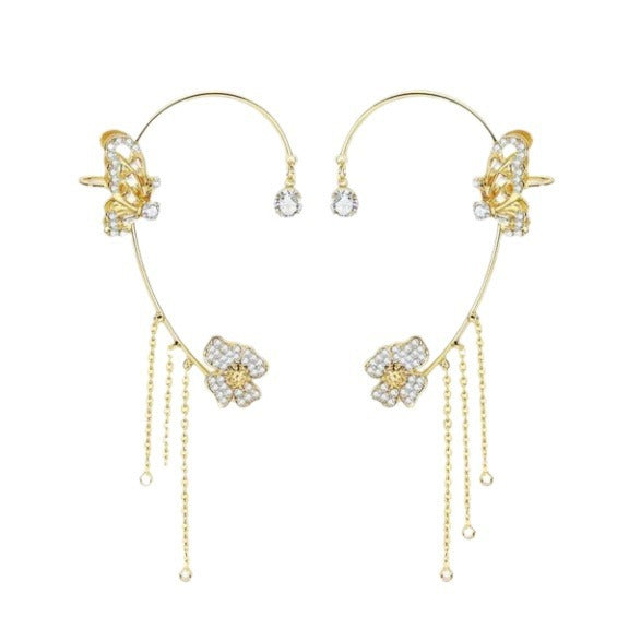 Butterfly Flower Tassel Integrated Ear Cuff, Non-Pierced Paved Diamond Long Ear Wrap Gold & Silver Fairy Dangle Jewelry