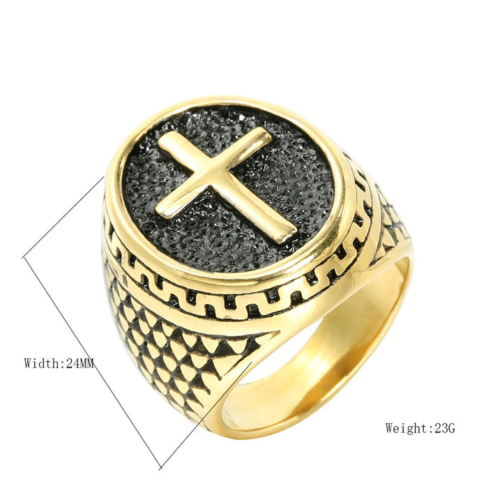 Vintage Embossed Cross Signet Ring, S925 Silver 14K Gold Plated Ethnic Pattern Faith Band For Men