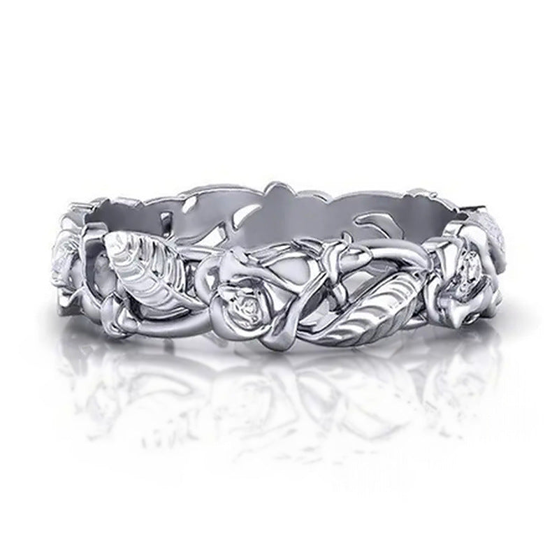 Vintage 3D Rose Vine Ring, European Hollow Carved Floral Unique Statement Band