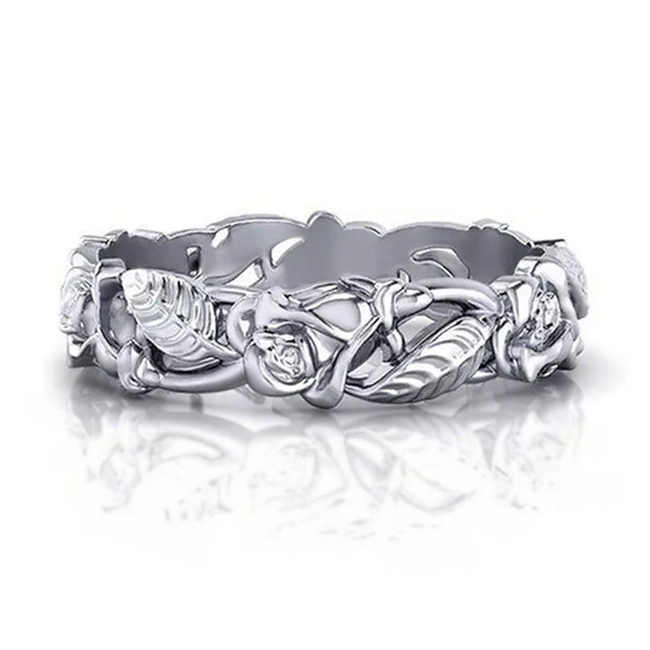 Vintage 3D Rose Vine Ring, European Hollow Carved Floral Unique Statement Band