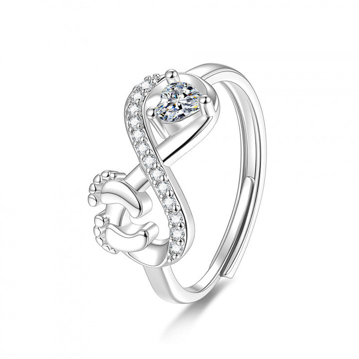 S925 Silver Heart Diamond Baby Footprint Open Ring (Luxury Memorial Band)