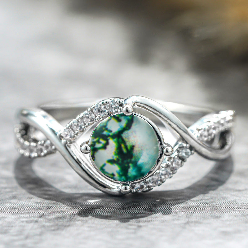 Twisted Shank Moss Agate Ring, Forest Style Paved Diamond Silver Delicate Band for Women