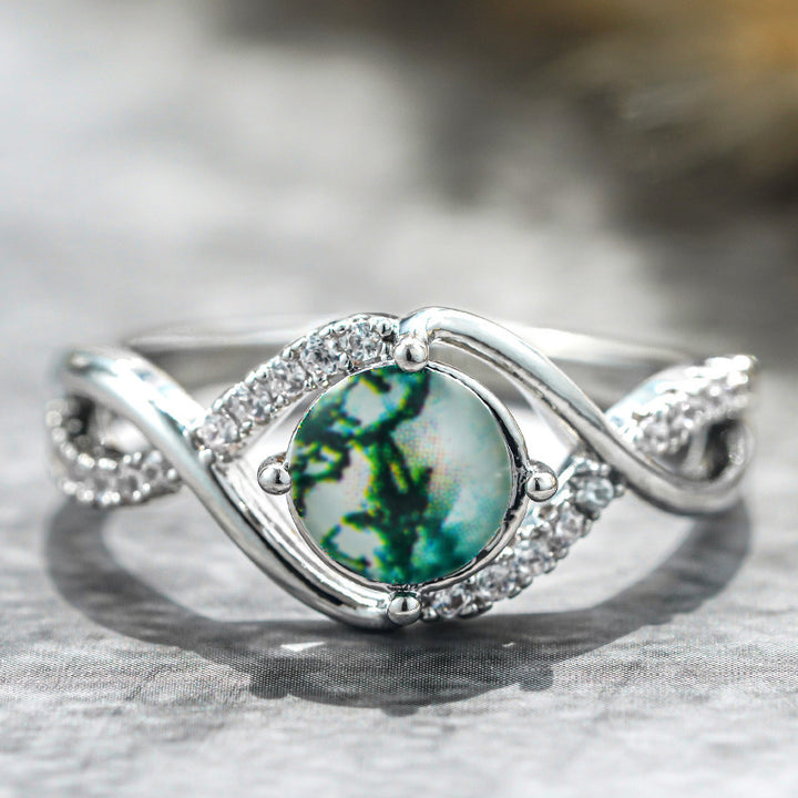 Twisted Shank Moss Agate Ring, Forest Style Paved Diamond Silver Delicate Band for Women