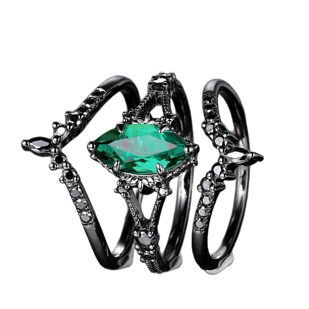 Gothic Marquise Green Gemstone Stackable Ring Set (Black Tone Statement Band)