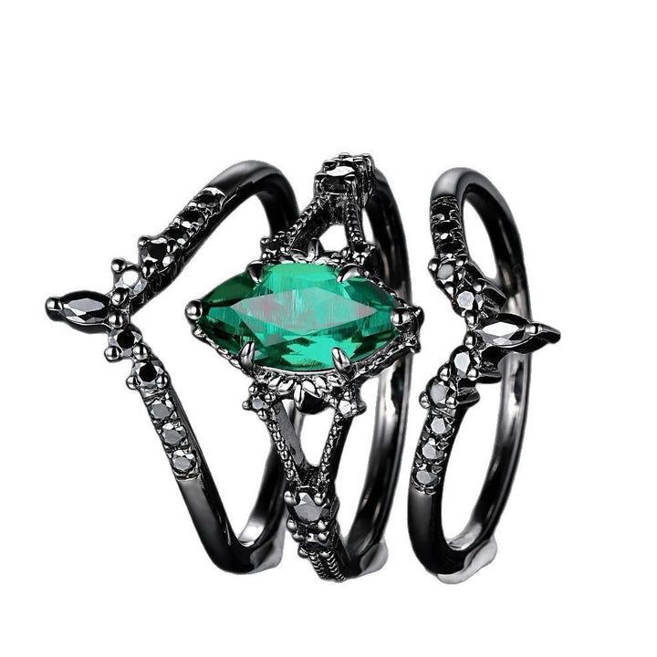 Gothic Marquise Green Gemstone Stackable Ring Set (Black Tone Statement Band)