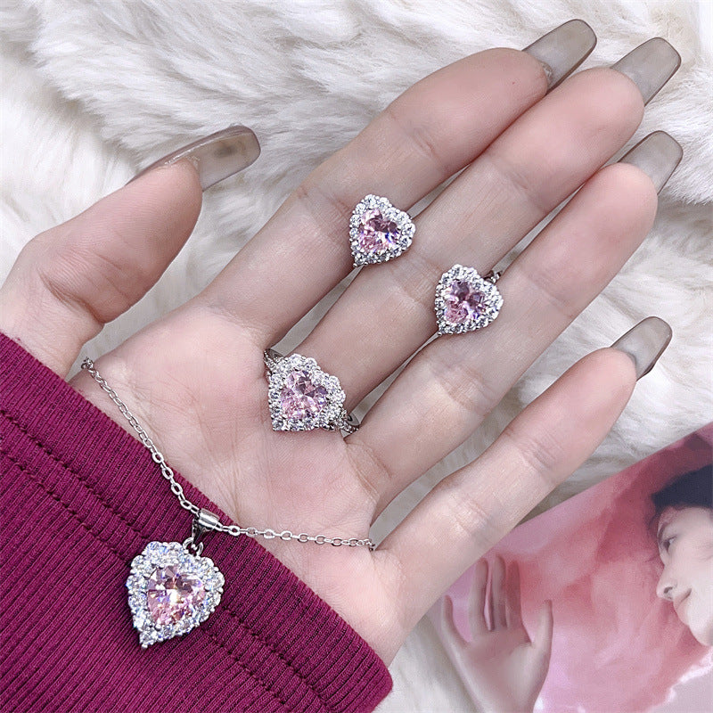 Pink Diamond Heart Halo Jewelry Set (Sweet-Cool Girlish Heart Light Luxury Style)