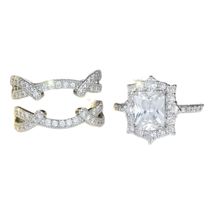 Radiant Cut Rectangle DiamondDouble Stackable Bridal Ring Set, Solid S925 Silver Gold & Silver Two-Tone Pave Crystal Engagement 2-Piece Band