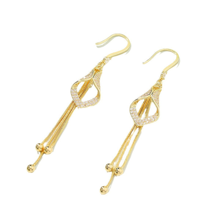 Gold Hollow‑Out Teardrop Diamond Long Tassel Hook Earrings for Women