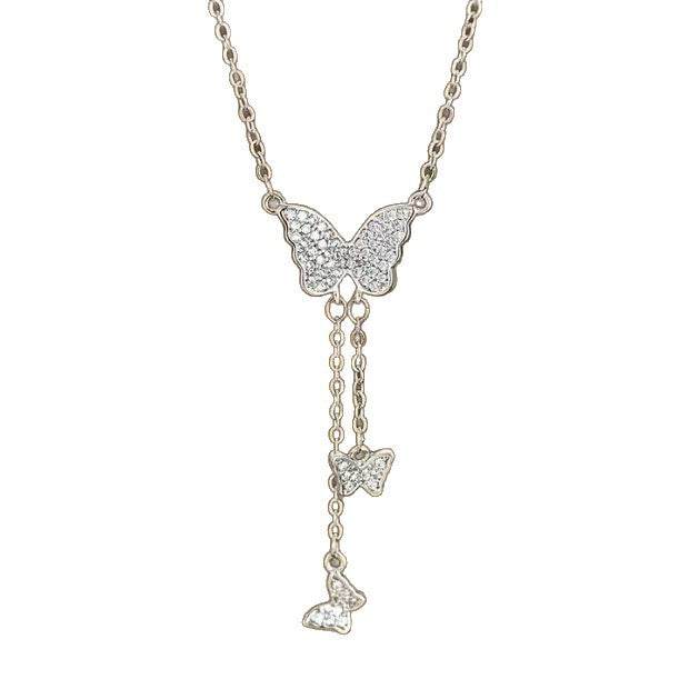 Pavé Triple Butterfly Tassel Necklace, Multi-Size Butterfly Drop Collarbone Chain, Gold & Silver Options