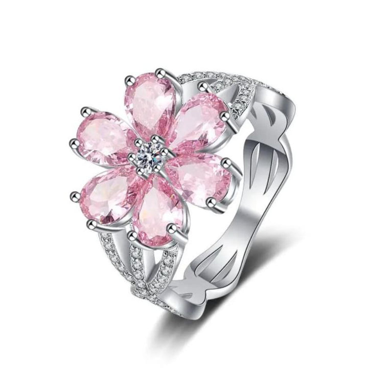 Six-Petal Pink Diamond Flower Open Ring, Heavy Luxury Sakura Pink Diamond Adjustable Hollow Band