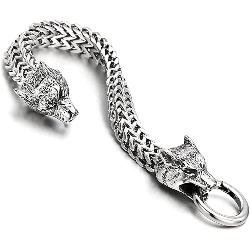 Viking Wolf Head Franco Chain Titanium Steel Bracelet (Retro Hardcore Style)