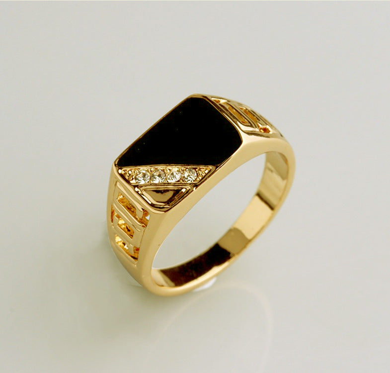 Titanium Steel Geometric Black Face Diamond-Embedded Men's Ring (Light Luxury Business Style)