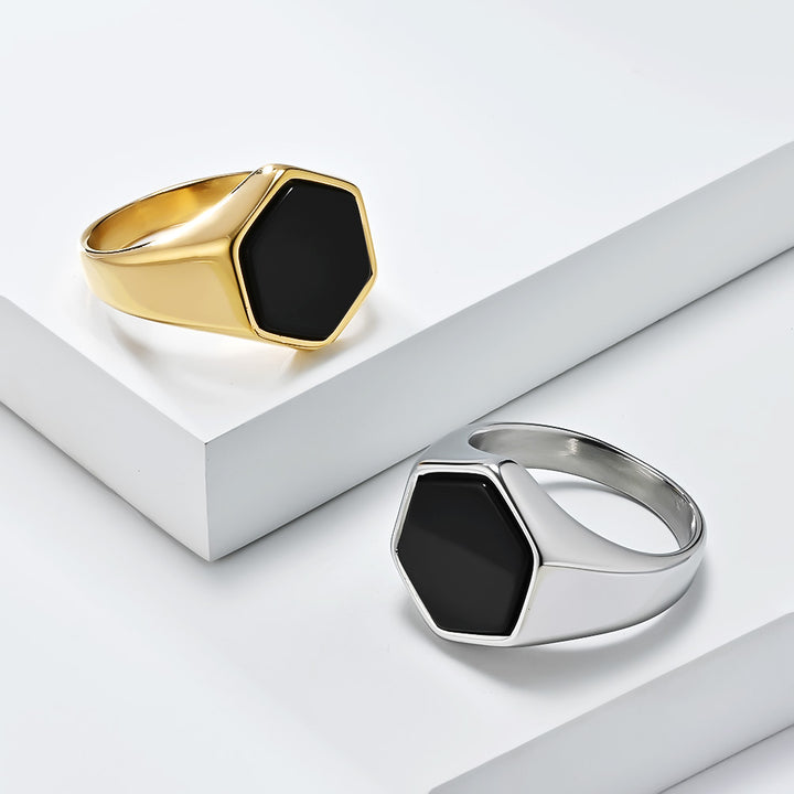 Titanium Steel Geometric Hexagon Seal Black Stone Ring (Minimalist Understated Style)