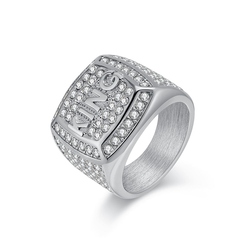 Titanium Steel Full-Moissanite "KING" Streetwear Ring (Hip-Hop Light Luxury Style)