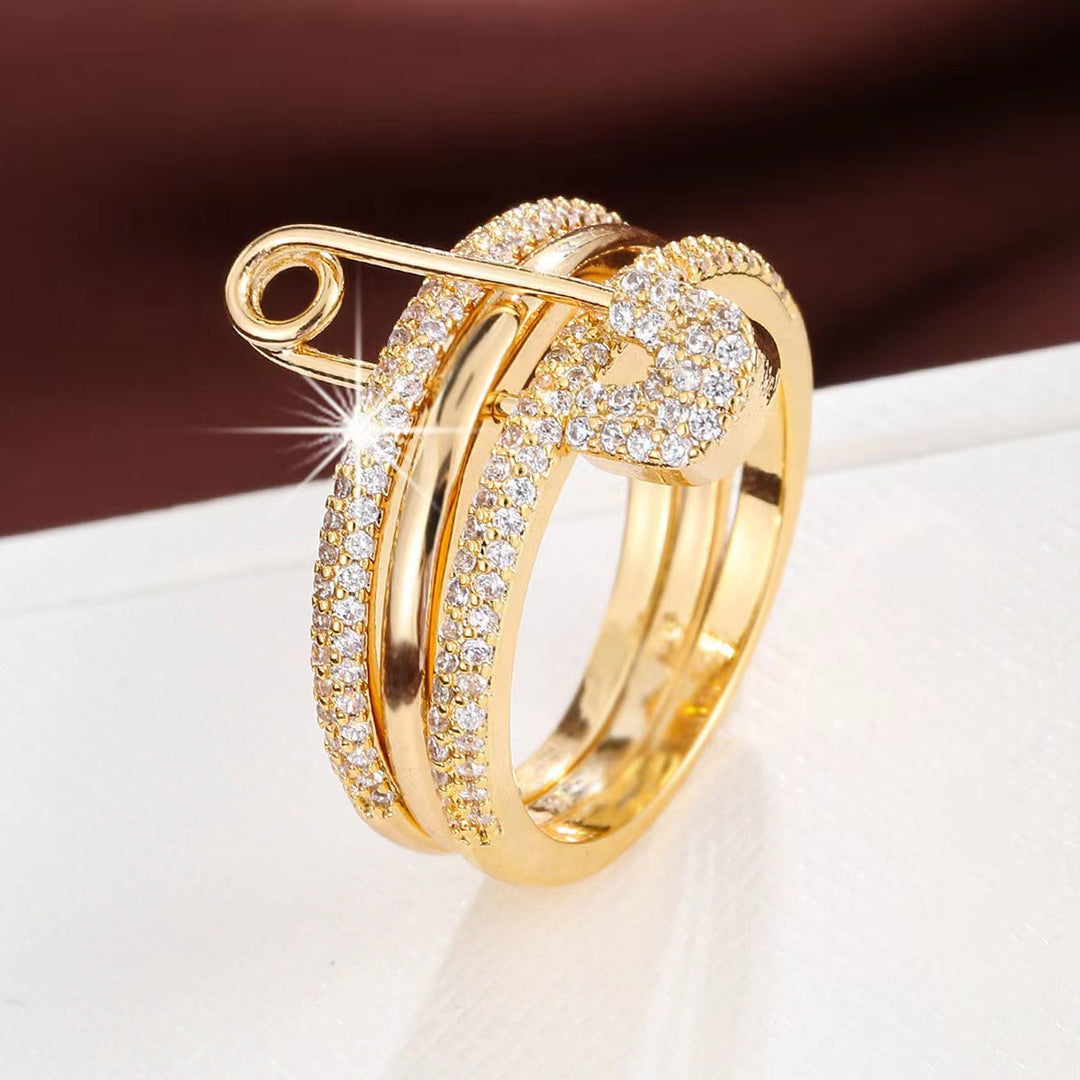 Full-Diamond Safety Pin Triple-Layer Stacking Ring (Edgy Light Luxury Style Series)
