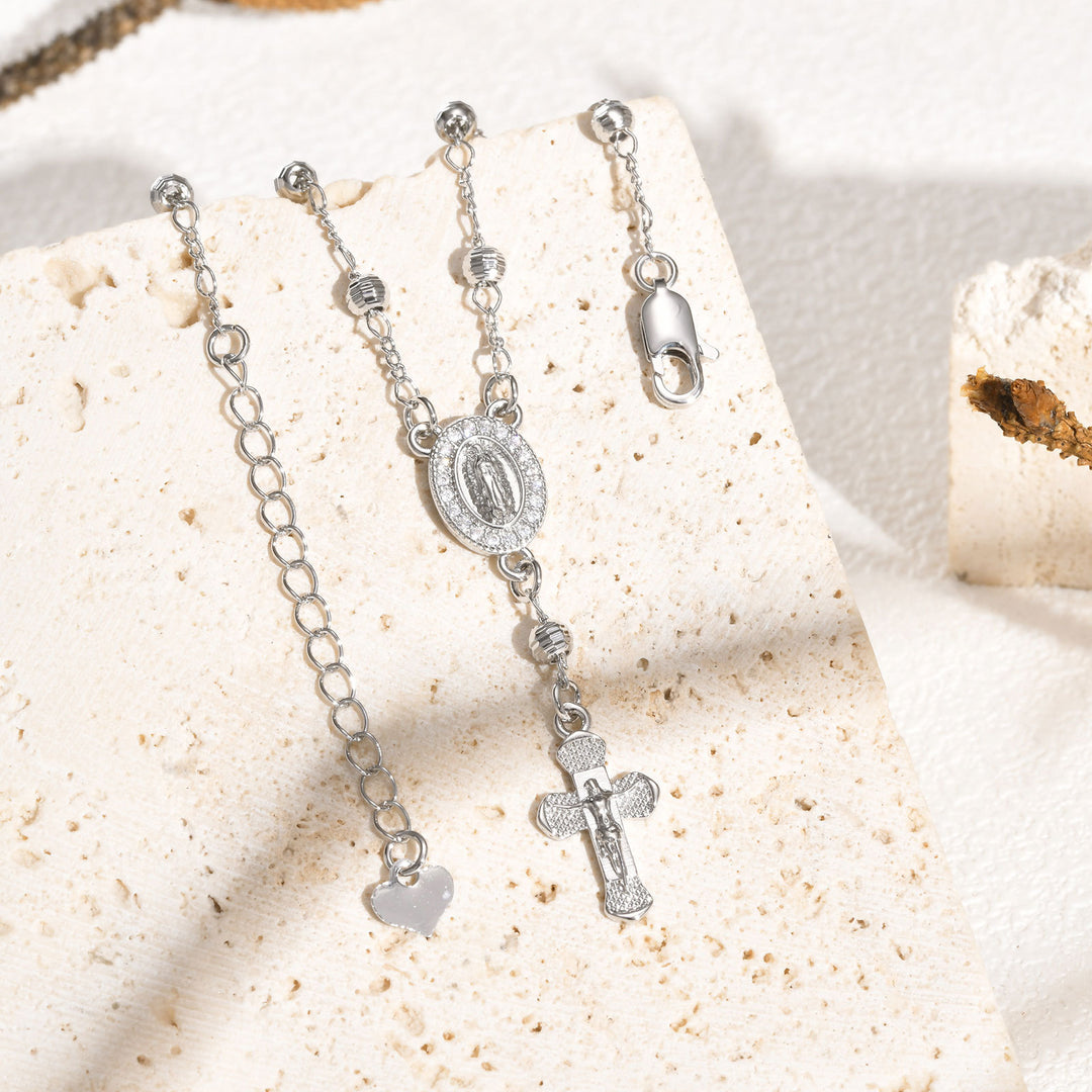 Oval Virgin Mary & Cross Beaded Bracelet