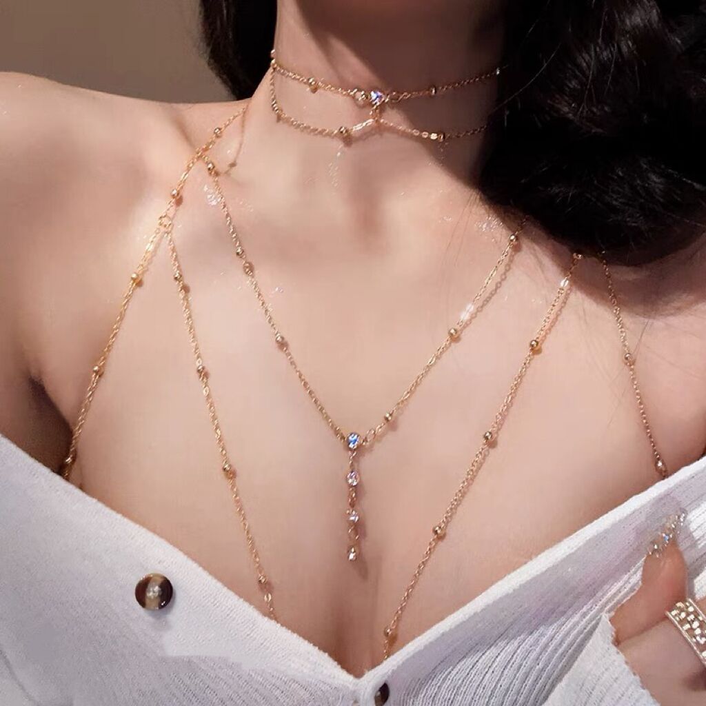 Minimalist Crystal Accent Layered Body Chain Necklace (Sexy Fashion Style)