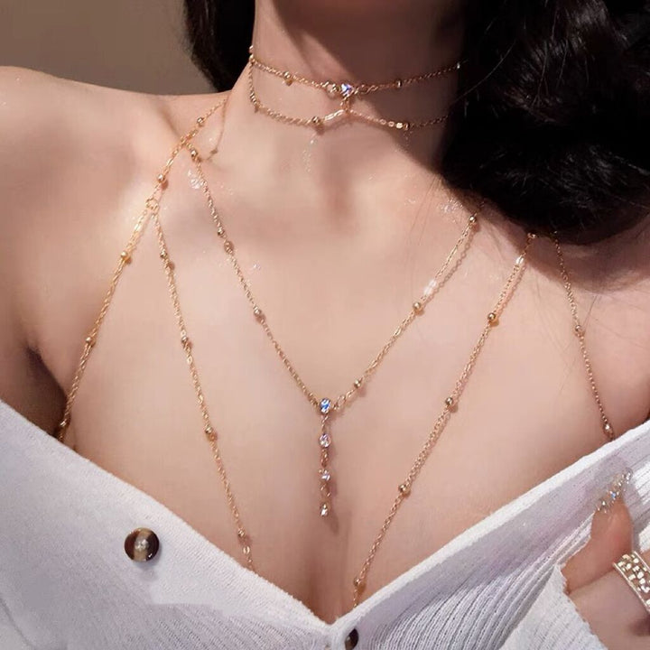 Minimalist Crystal Accent Layered Body Chain Necklace (Sexy Fashion Style)