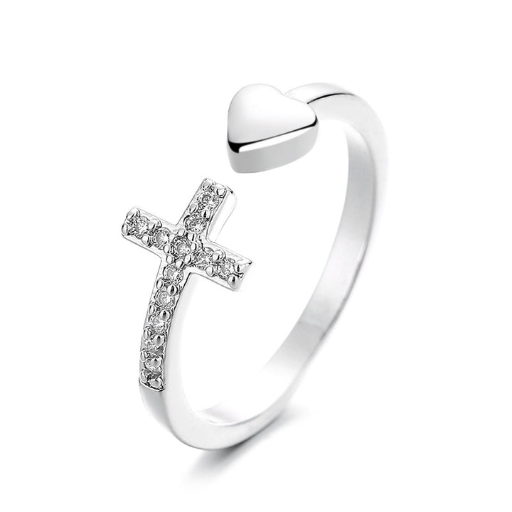 Jesus Cross Heart Open Ring for Women – Minimalist Diamond Faith Ring