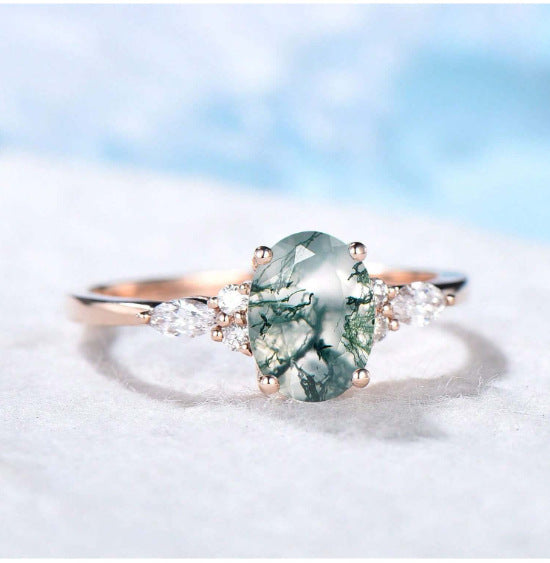 Rose Gold Moss Agate Oval Ring (Forest-Style Luxury Niche Style)