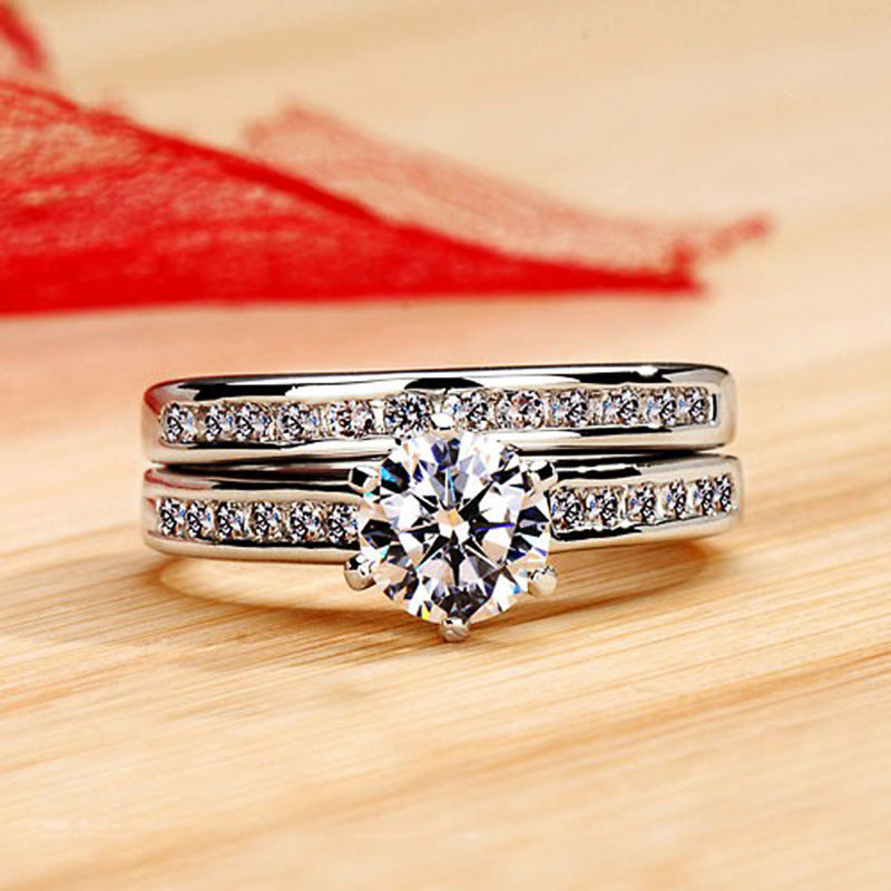 Silver Base Full Diamond Center Stone Double Layer Stackable Ring (Luxury Elegant Style)