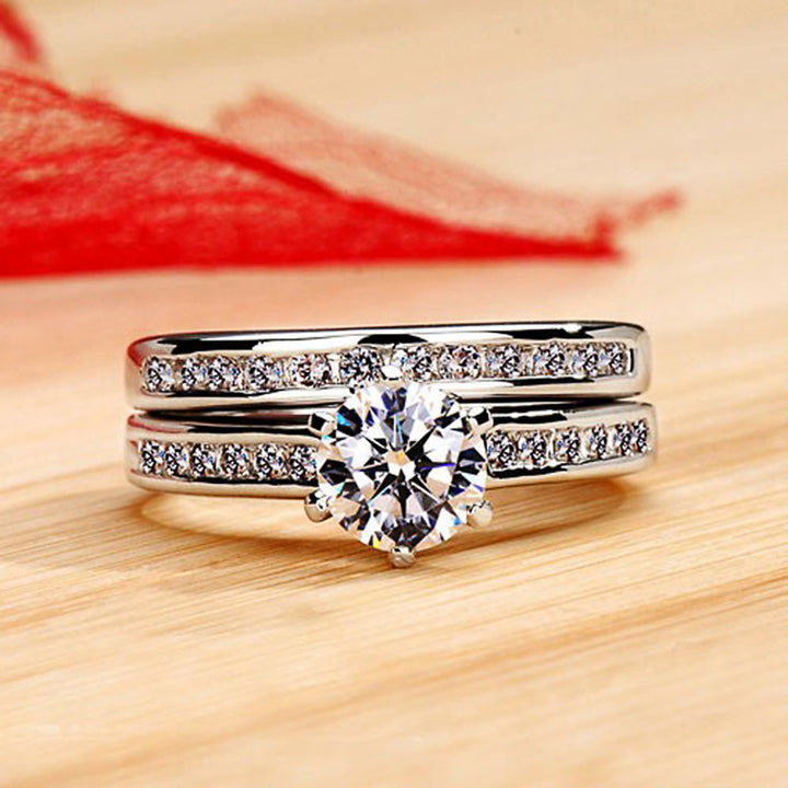 Silver Base Full Diamond Center Stone Double Layer Stackable Ring (Luxury Elegant Style)