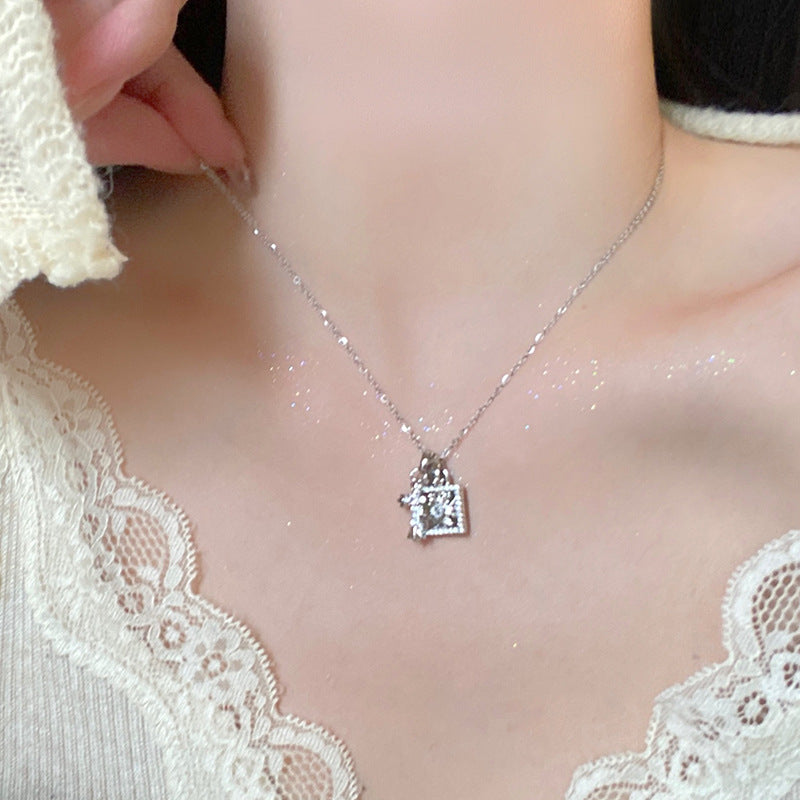 Full Diamond Lock + Cross Double Pendant Necklace (Cool Luxury Personalized Style)
