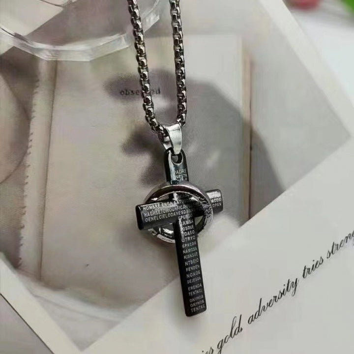 Rotatable Ring Bible Cross Pendant Necklace – Trendy Chain for Men