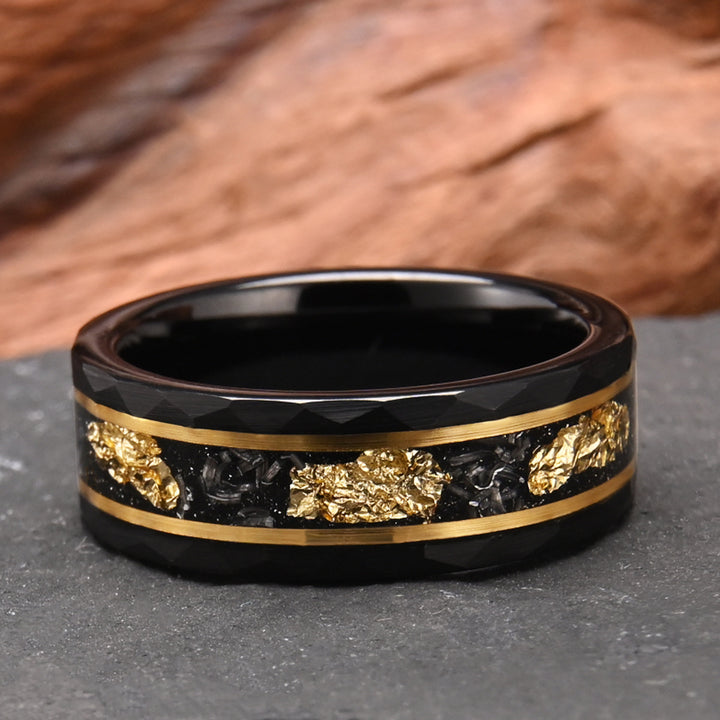Tungsten Carbide Couple Rings – Hammered Black Rings with Meteorite Inlay